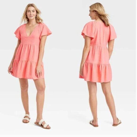 Flutter Short Sleeve Mini Skater Dress - UniThread - Coral Pink - Picture 1 of 8